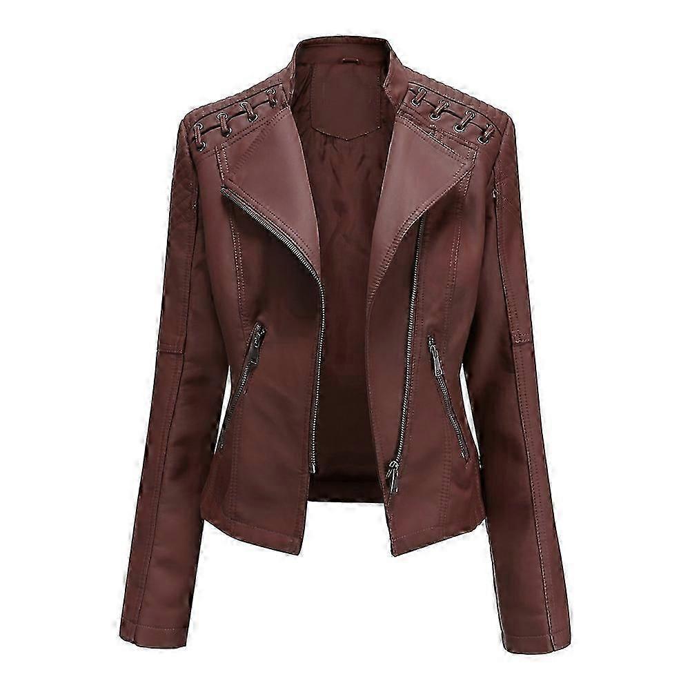 Vår Höst Läderjacka Kvinnor Slim Fit Motor Biker PU Läder Kort Kappa Stativ Krage Damer Dragkedja Ytterkläder Ny