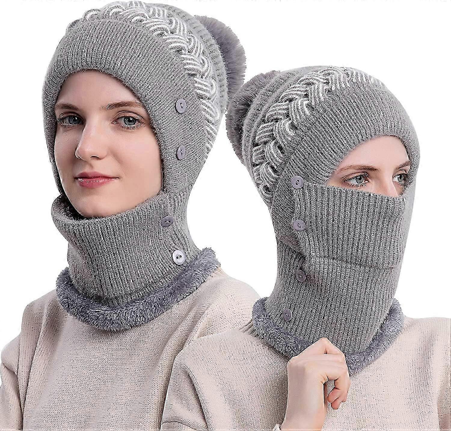 Kadın Kış Sıcak Örme Cap Şapka Boyun Isıtıcı Setler, Çift Katmanlı Polar Astarlı Beanie Şapka, Gri