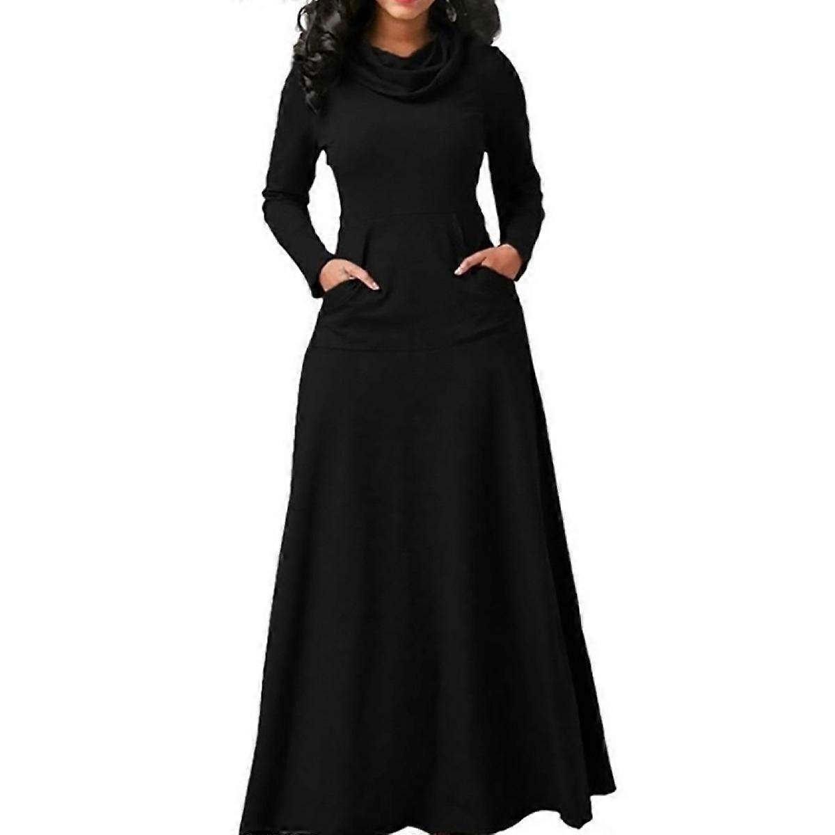 Women Evening Party Night Bow Long Sleeve Pockets Solid Long Dresses
