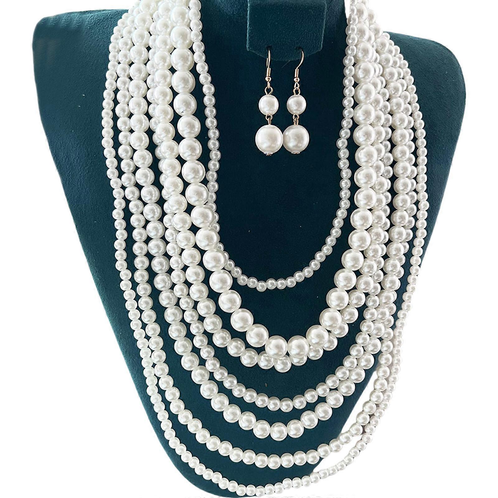 Luxueux ensemble de bijoux multirangs pour femmes Collier et boucles d'oreilles en fausses perles multicouches ensemble d'ornement pour dames
