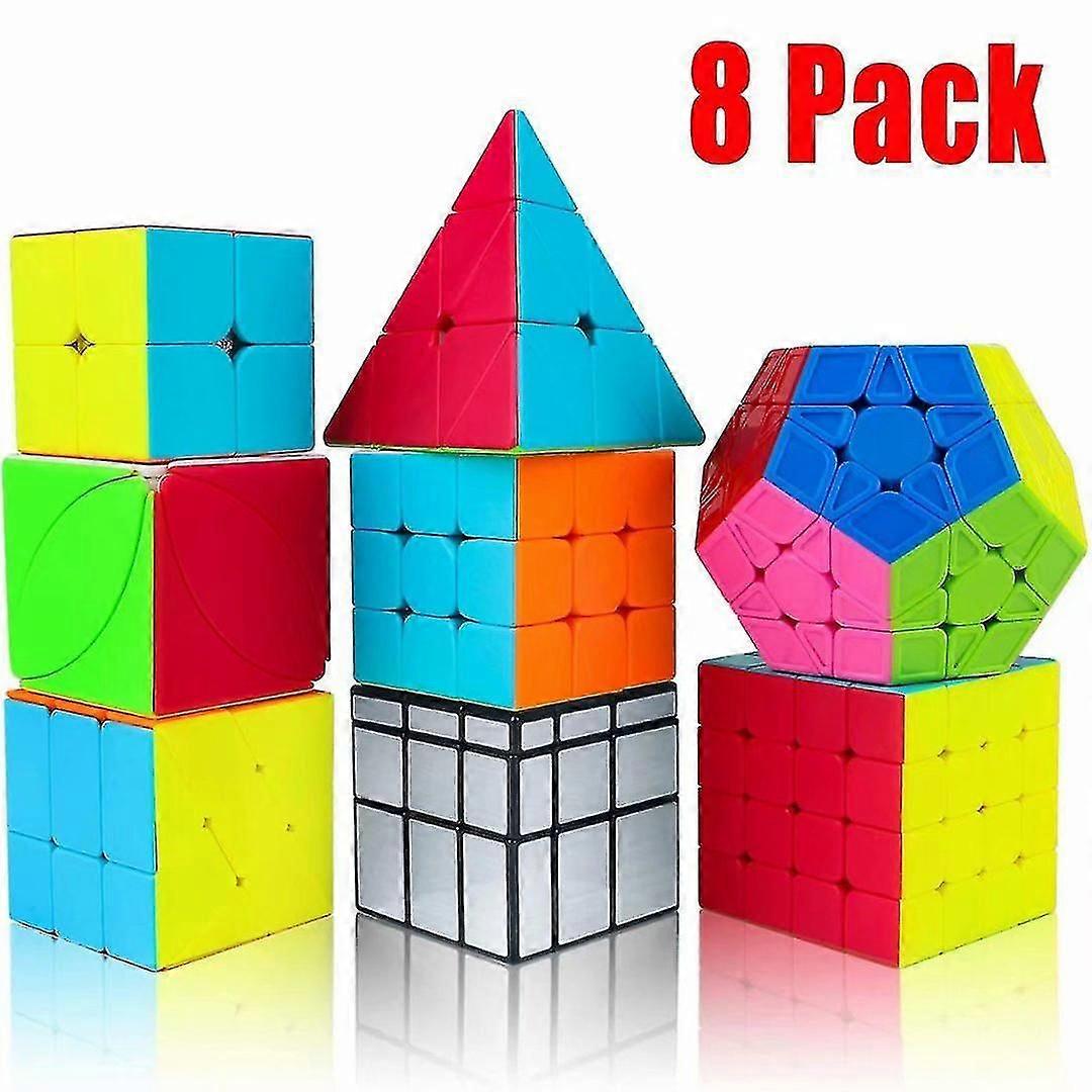 Speed Cube Set, Magic Cube Bundle 2x2 3x3 4x4 Pyramid Megaminx Ivy Mirror Windmill Stickerless Cube Puzzle Toys (8 Pack)