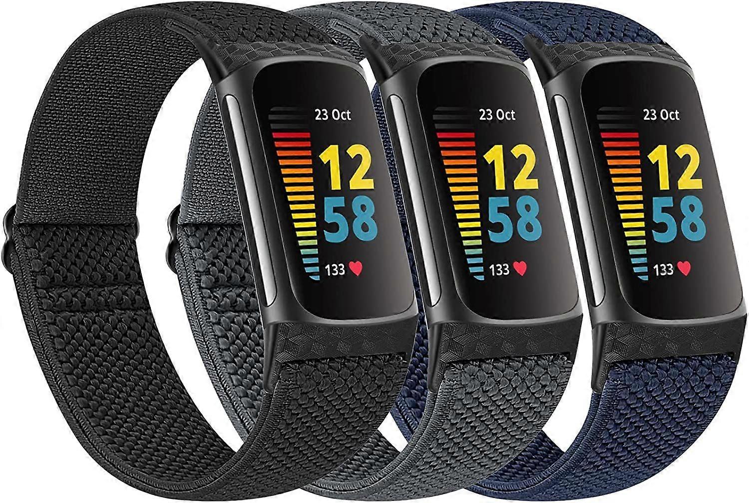 Heytea 3 Pack Elastic Loop Breathable Watch Bands Compatible with Fitbit Charge 5 Bands, Soft Adjustable Nylon Sport Replacement Wristband for Fitbit