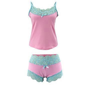 Damen Sexy kontrastierender floraler Spitzenbesatz, 2-teilig, Camisole-Pyjama-Dessous-Set, Spaghettiträger, Schleife für Tanktop, Mini-Shorts, Nachtwäsche, Rosa, XL
