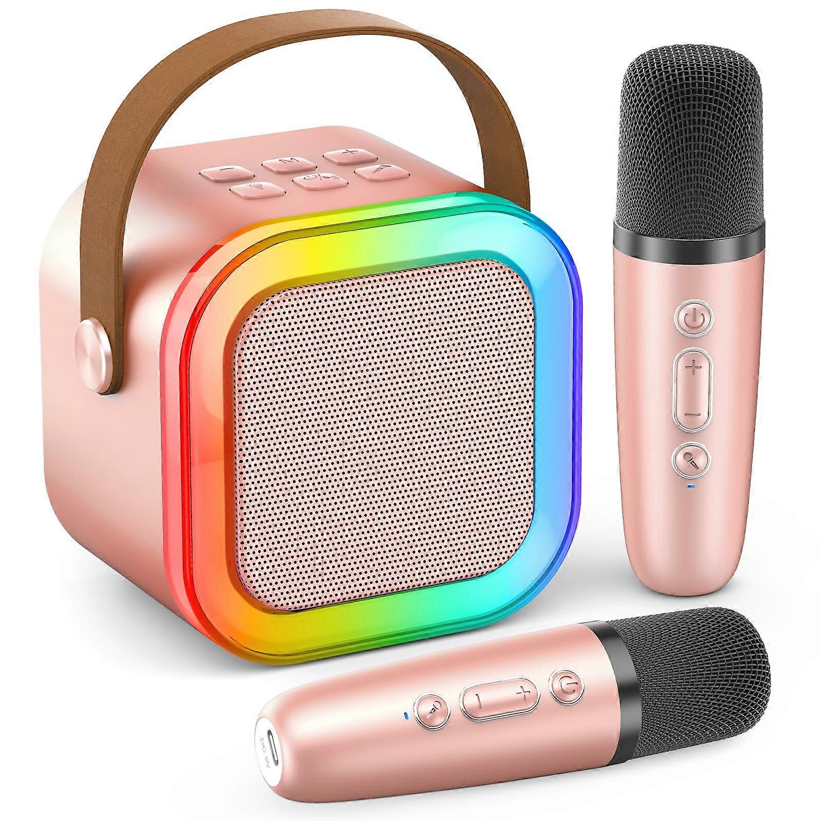 Bluetooth Mini Karaoke Machine for Home Party, Portable Rose Gold Speaker with Wireless Microphone and Rechargeable Battery