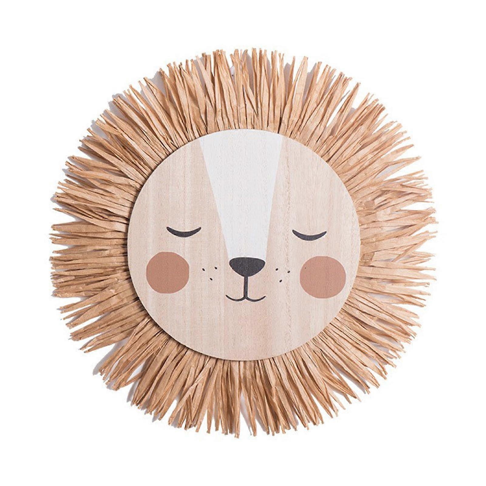 Raffia Lion Head Decoration, Handwoven Beige Macrame Wall Hanging, Cartoon Lion Nursery Decor, Straw and Cotton Craft
