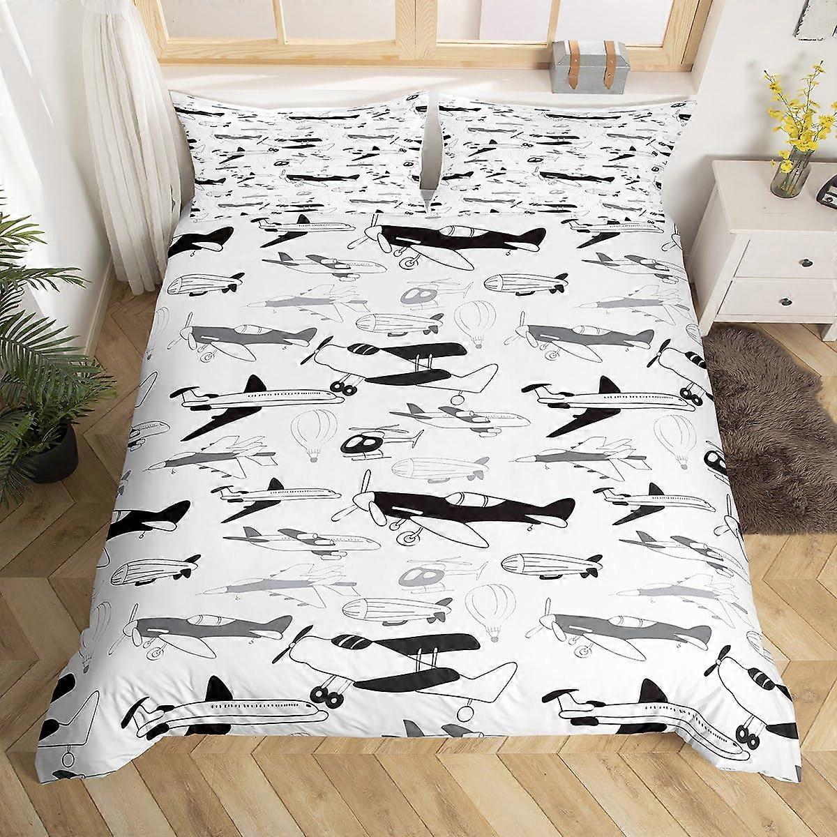 Kids Aircraft Duvet Cover Set Full Size 3-Piece Cartoon Airplane Print Bedding for Boys Girls Teens Black White Quilt Cover
