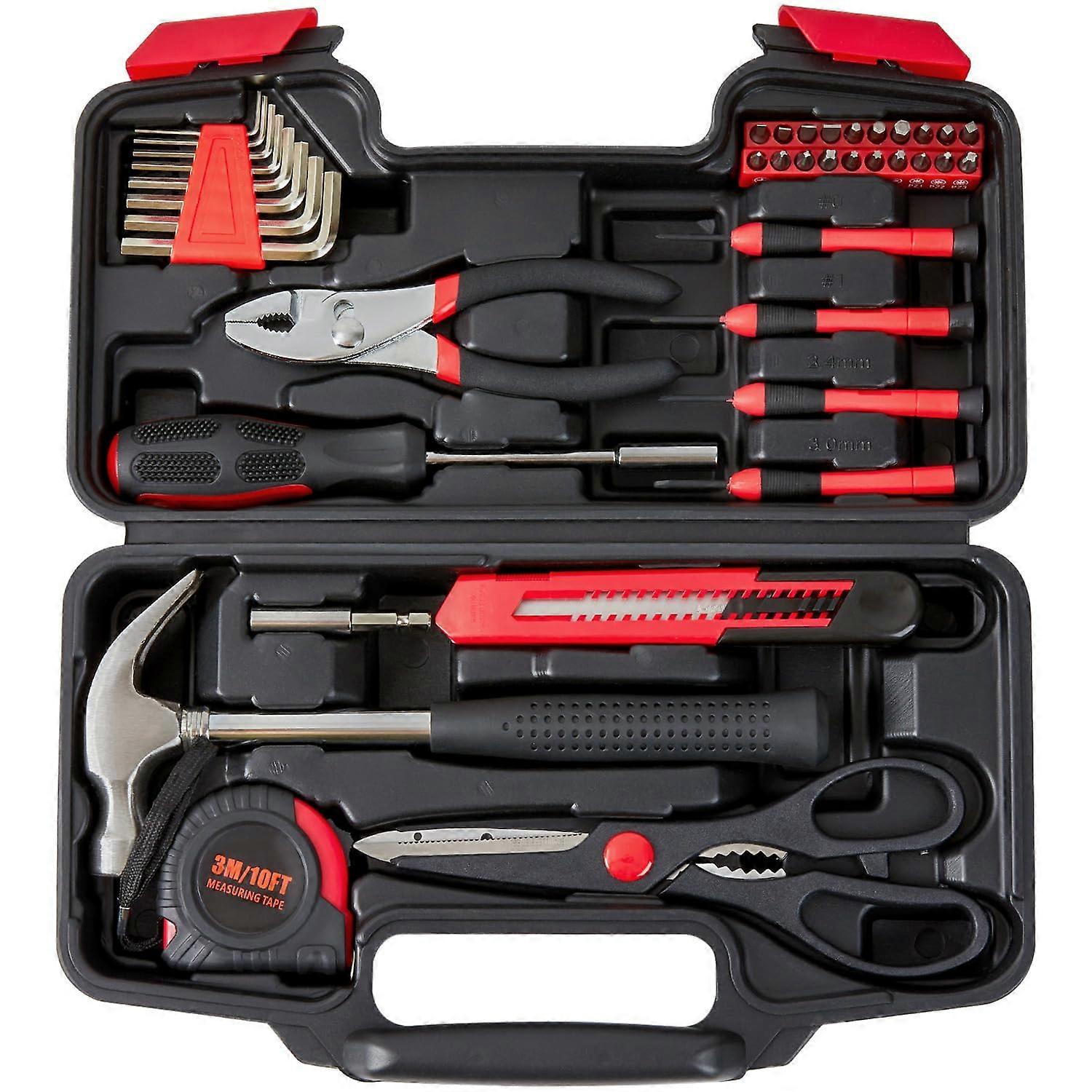 39-Piece Tool Set For Home, Garage, Office And Dormitory Use With Red Storage Box, General Purpose Hand Tools