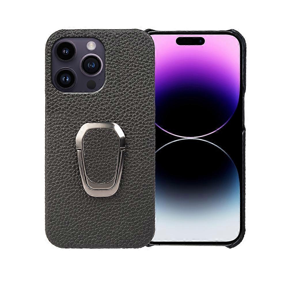 For iPhone 14 Pro Max Ring Holder Litchi Texture Leather Phone Case