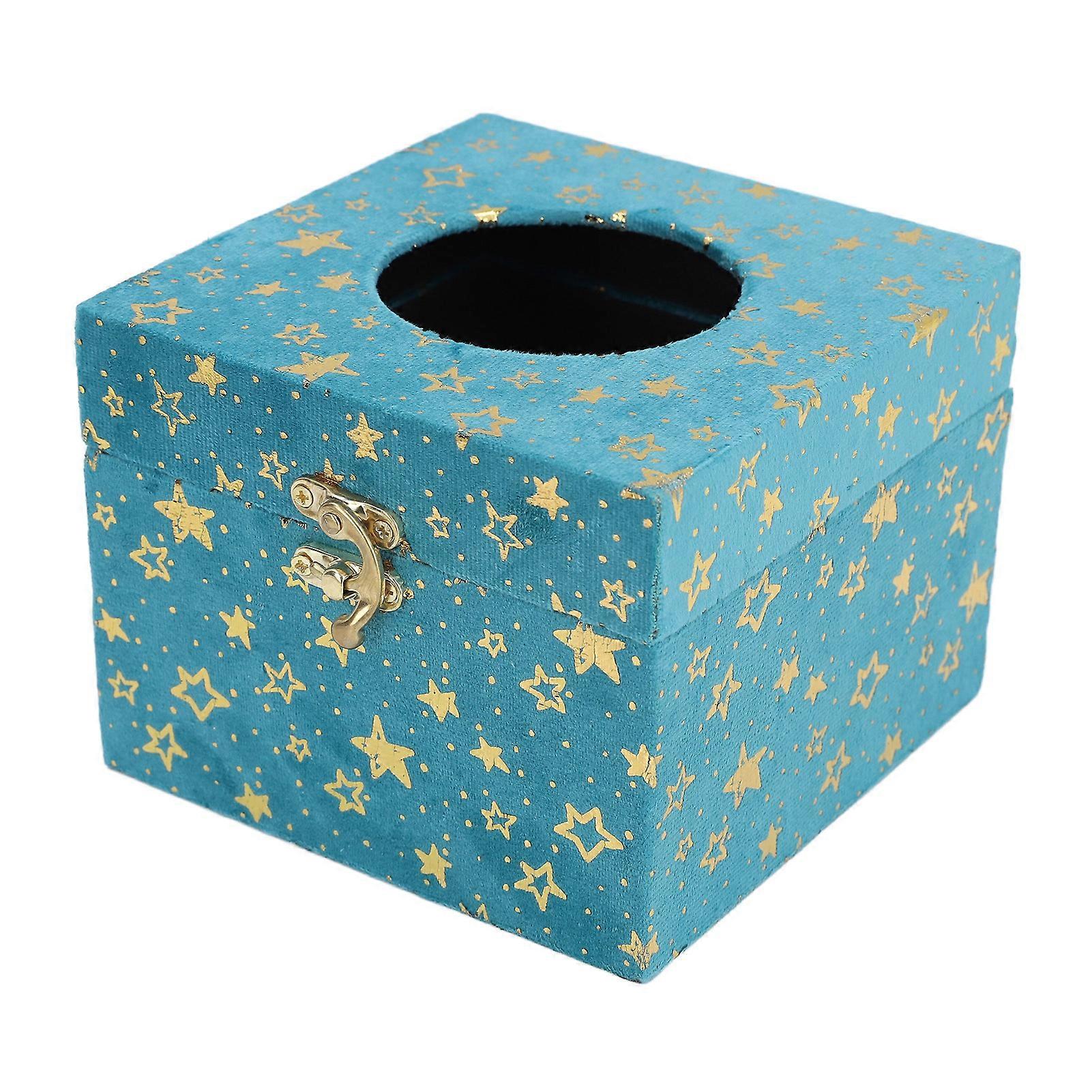 Wooden Tissue Storage Box Star Patterns Lint Fabric Decorative Towel Napkin Container Case for Tabletop Blue