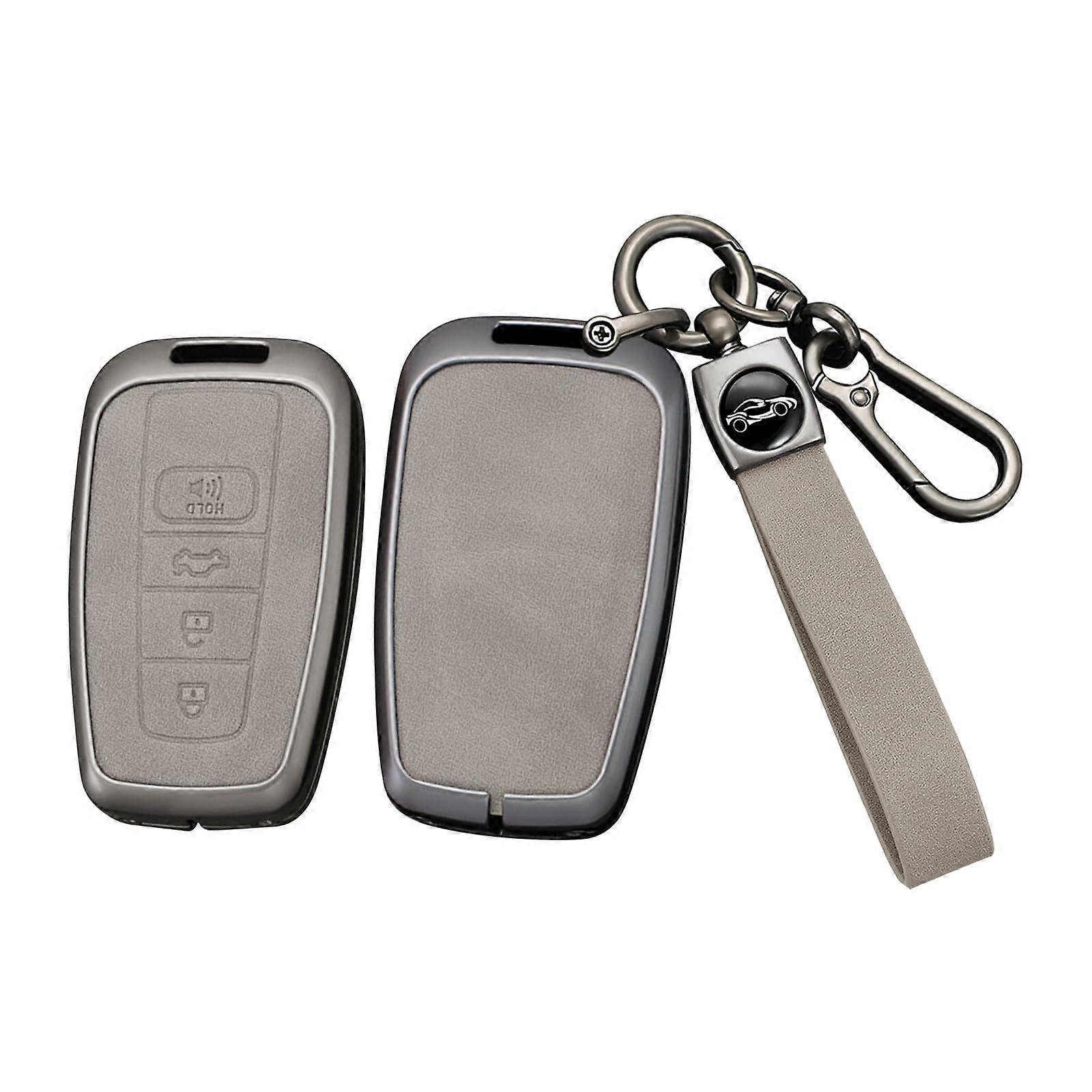 Metal Leather 4 Button Key Fob Cover Fits Toyota Camry 2018-24 RAV4 Corolla Highlander Gray Keyless Case With Keychain