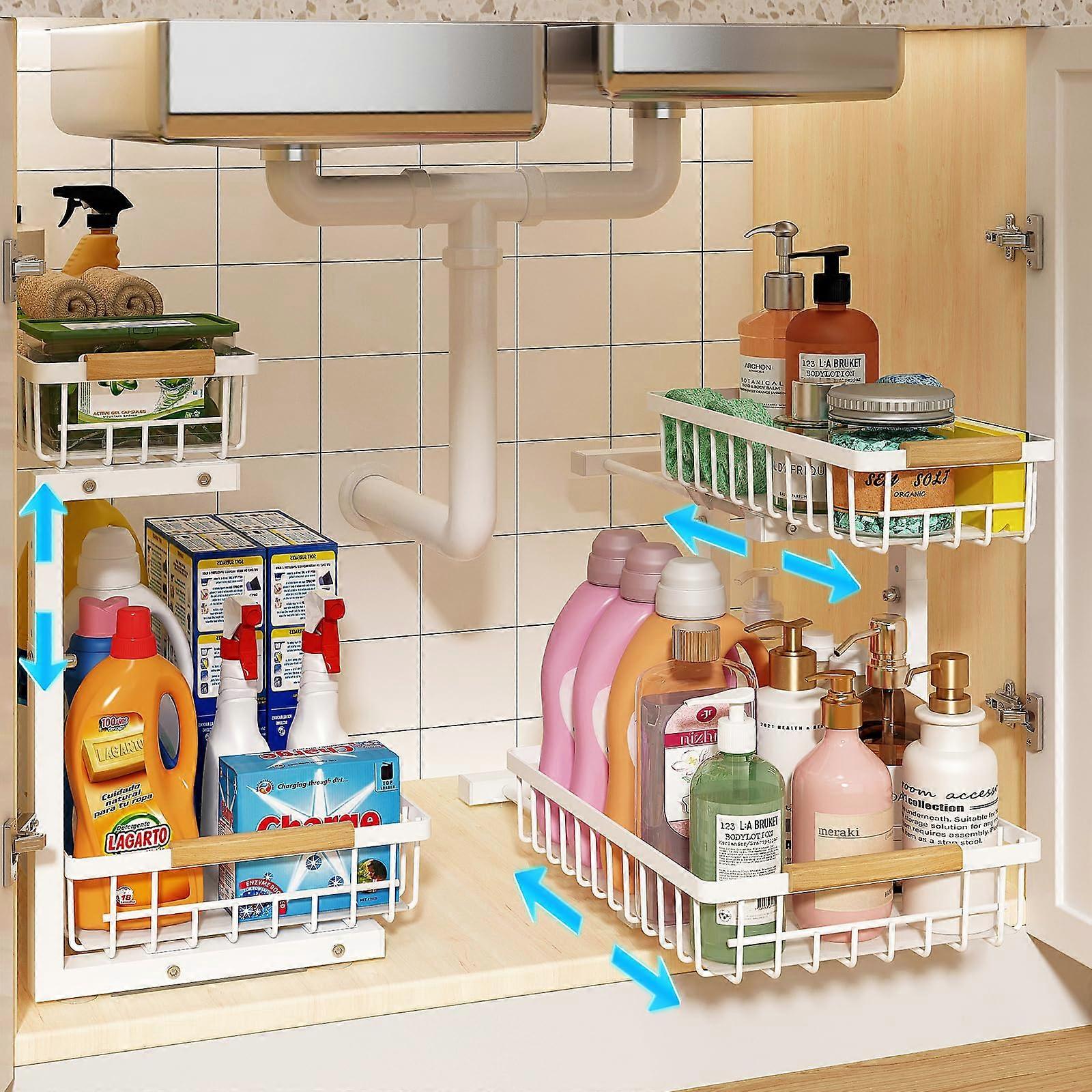 Under Sink Organizer, Height Adjustable with 2 Pull-Out Drawers, 2 Pack Cabinet Storage for Kitchen and Bathroom, White