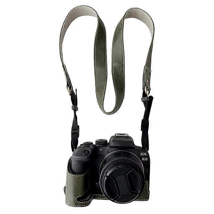 Compatible For Canon EOS R10 Buffalo Texture PU Leather Bottom Case Half Body Camera Cover with Shoulder Strap