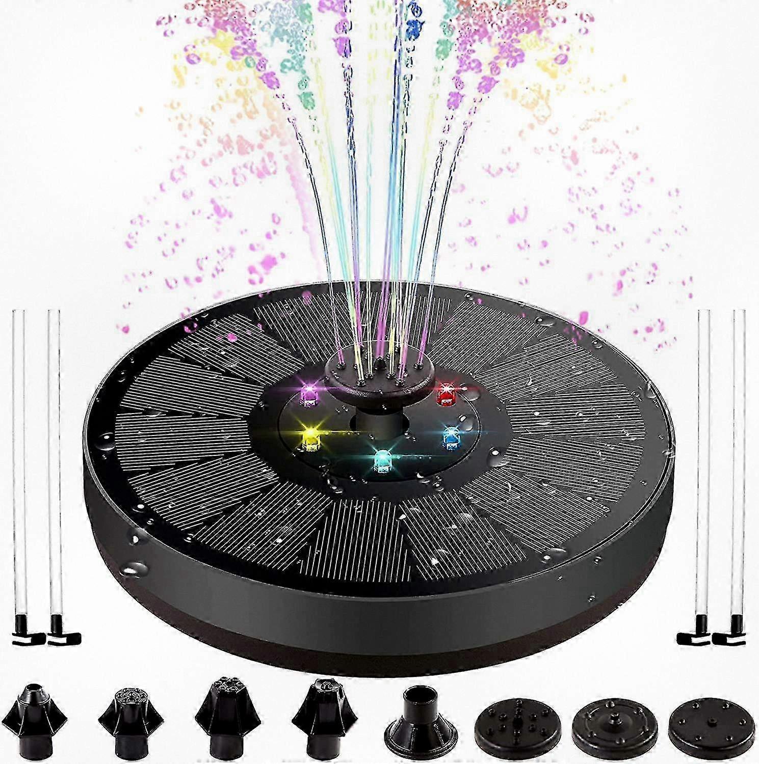 Solar fountain pump with LED lights, 3W bird bath fountain featuring a 900 mAh storage battery backup suitable for outdoor use.