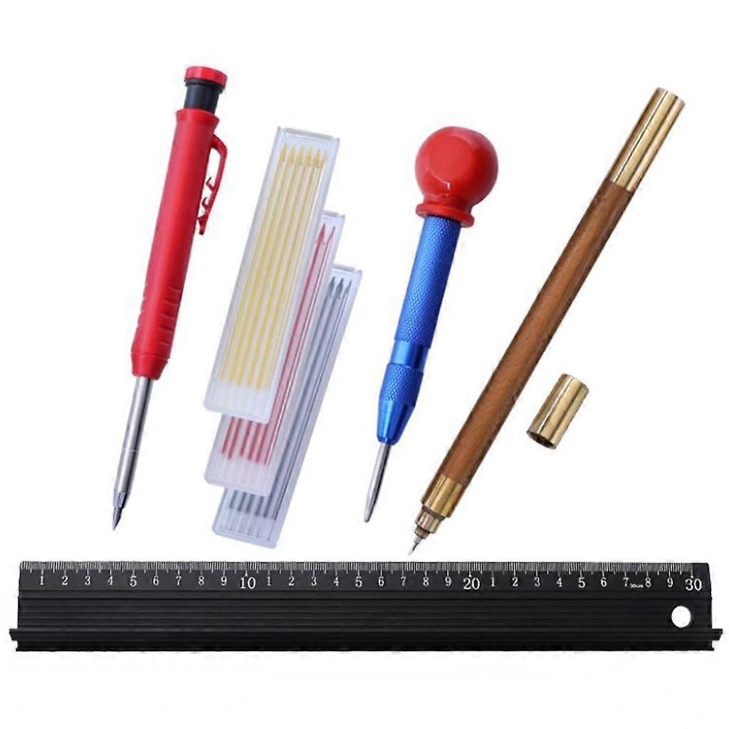Woodworking Pen Set Deep Hole Positioning Center Punch Pen Sharpener Refill Cutting Ruler Metal Wood Marking Tool