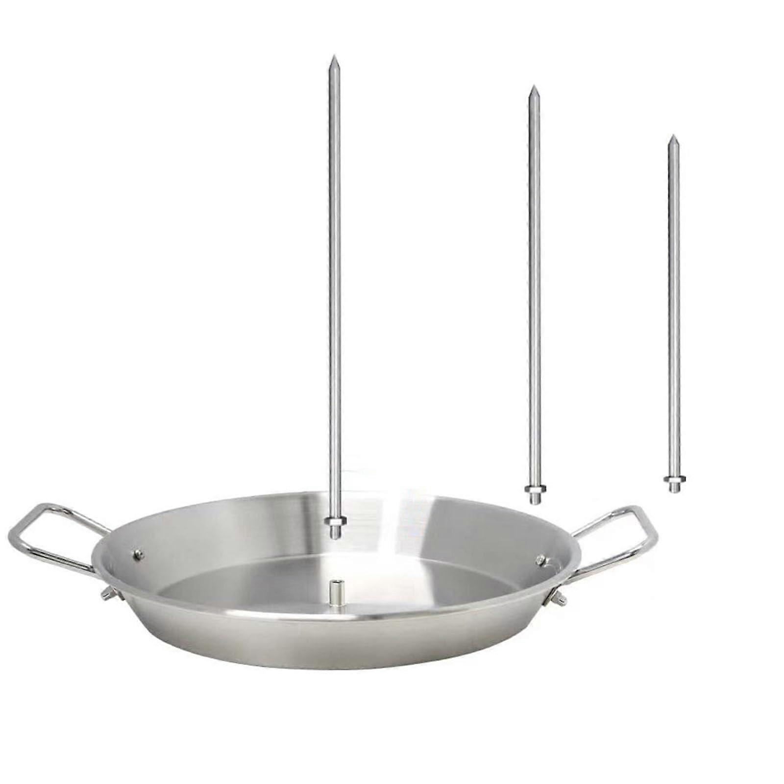 Vertical stainless steel skewers, 3 round spikes for even heat distribution, grill accessory with drip tray, 25.4 cm.
