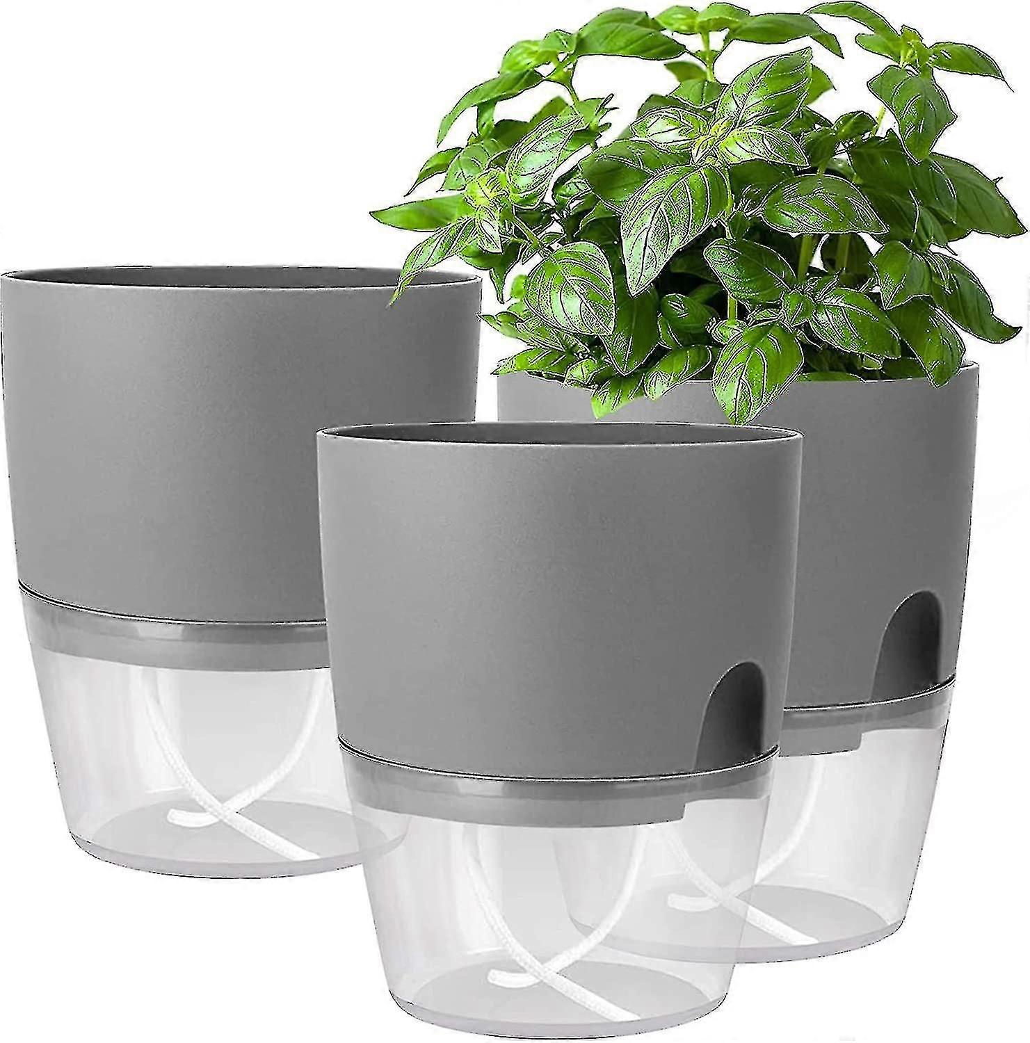 Self-Watering Herb Garden Set of 3 for Kitchen, Grey, Fits Fresh Herbs, 18.2x11x15.3cm