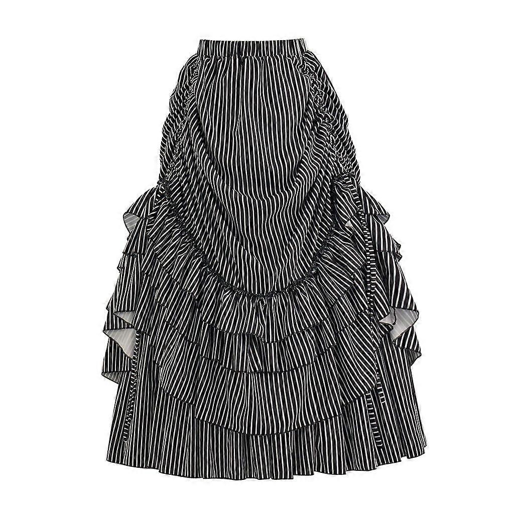 Womens Steampunk Striped Ruffle Skirt Victorian Gothic High Waist Layered Petticoat