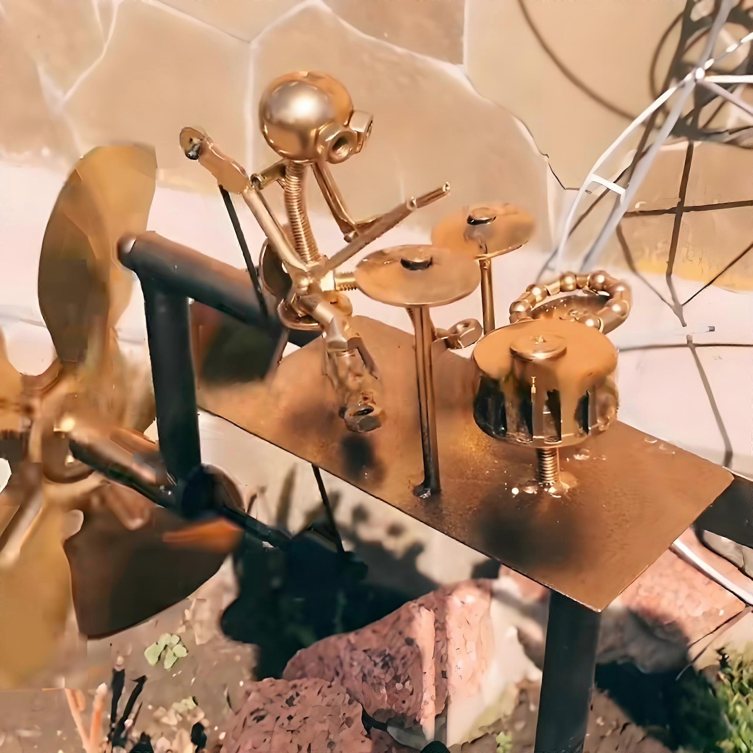 Handmade Metal Drummer Windmill Garden Stake Sculpture Wind Spinner (Gold)