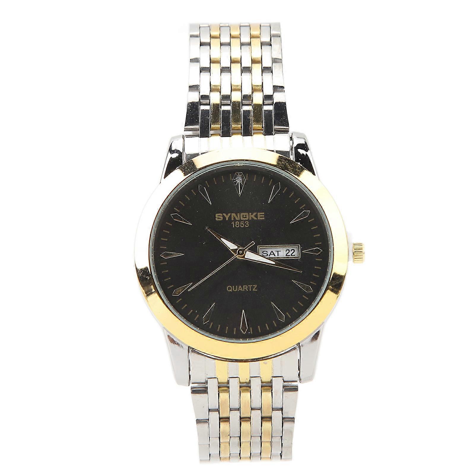 Montre à quartz pour homme, élégante, classique, en acier inoxydable, avec double date, bracelet doré et argenté, cadran noir