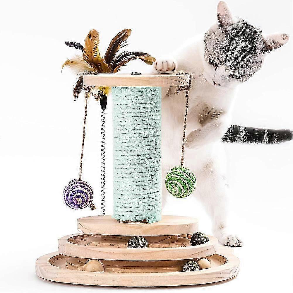 Wooden cat toy roller 2-layer turntable interactive cat toy with feathers, 3-in-1 cat toy kitten with interactive balls and hanging balls