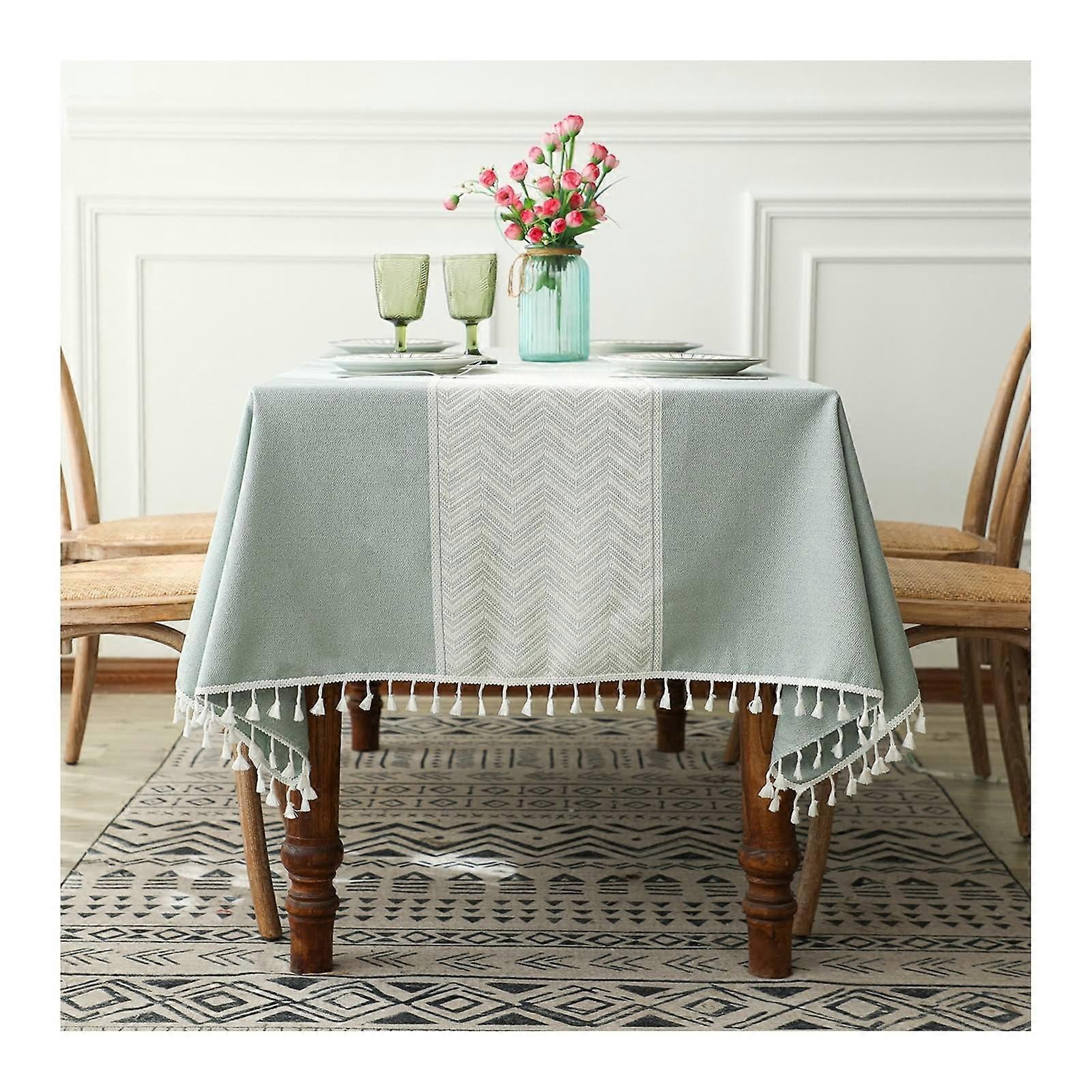 Rectangular Tablecloth 140x260 cm, Washable Polyester Table Cover with Wave Stripe Embroidery and Tassels, Green for Coffee and Garden Tables