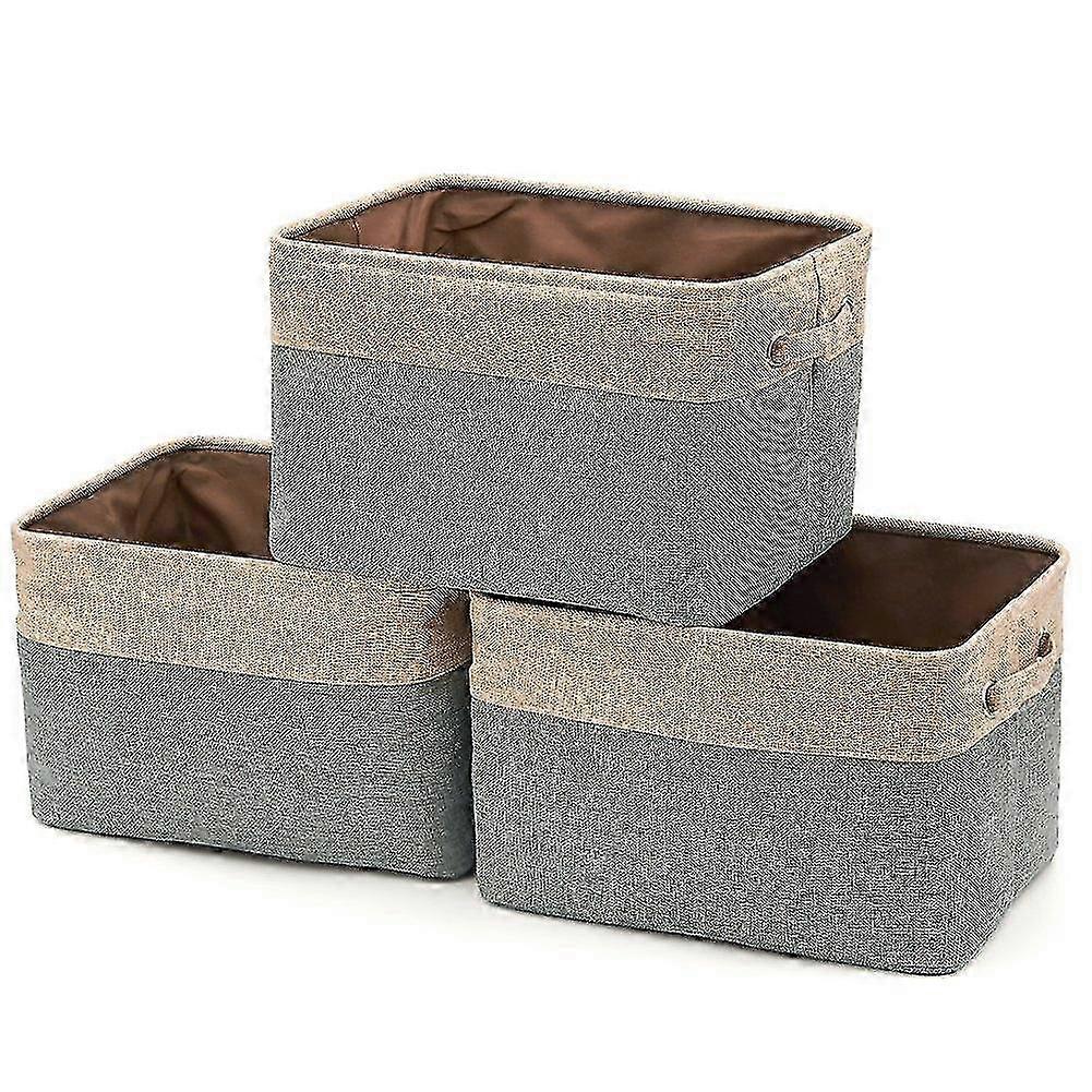 Collapsible Linen Storage Box Storage Basket with Handles - Set of 3 (Gray/Beige)