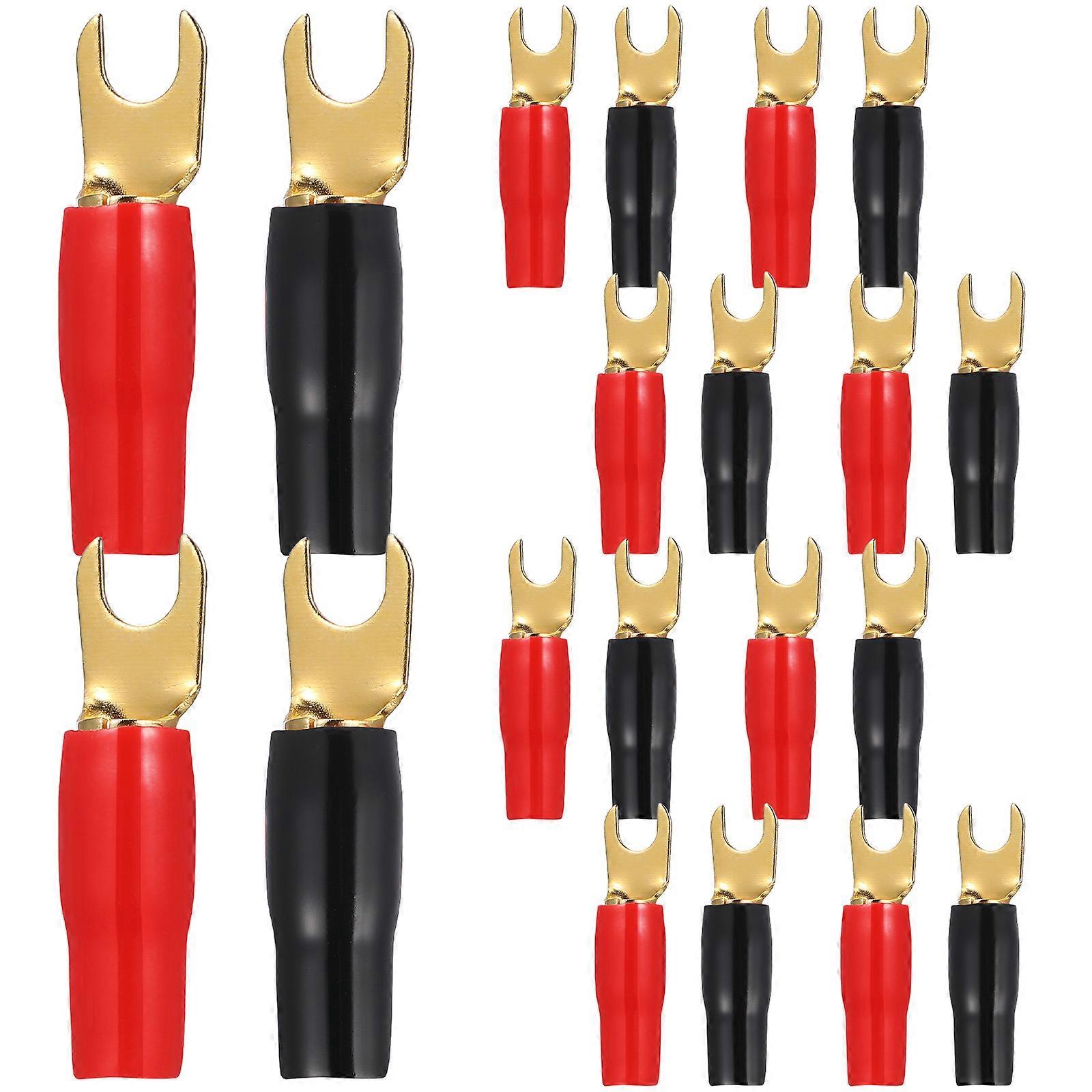 WAKAUTO 10 Pairs Copper Gold Plated 8GA Spade Terminal Spade Fork Adapters Connectors Plugs Crimp Barrier Spades for Speaker Wire Cable Terminal Plug