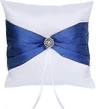 20 ס"מ x 20 ס"מ כרית נושא טבעת עם סרט סאטן ואבני חן לטקס חתונת כלה כפרית-כחול כהה