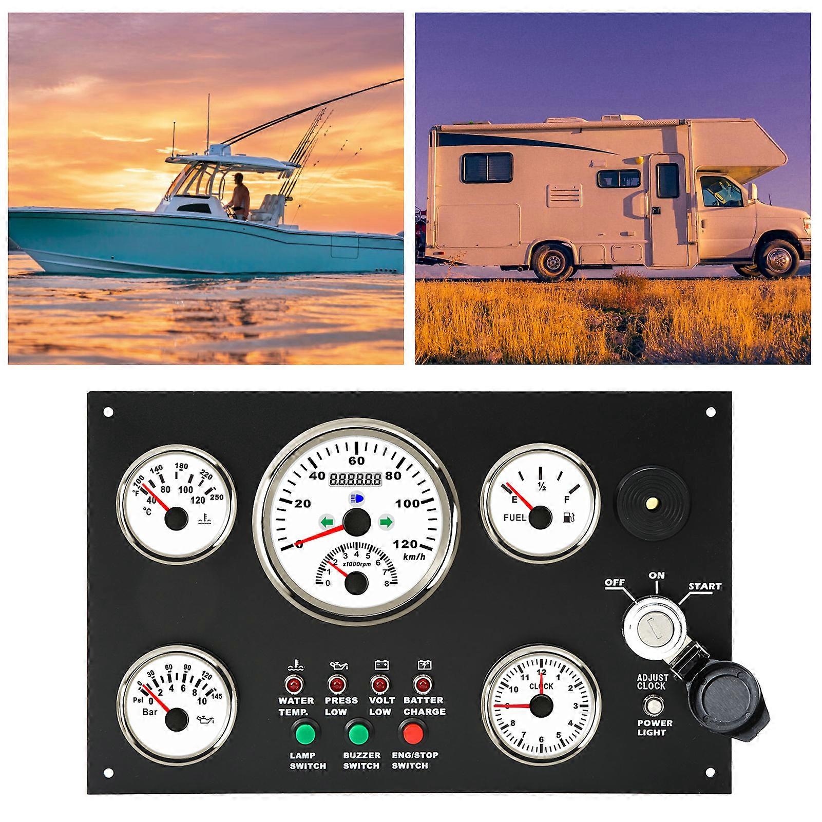5 Gauge Cluster Set Speedometer Fuel Level Water Temperature Oil Pressure Meter Clock Multifunction for RV Yacht 24V 
