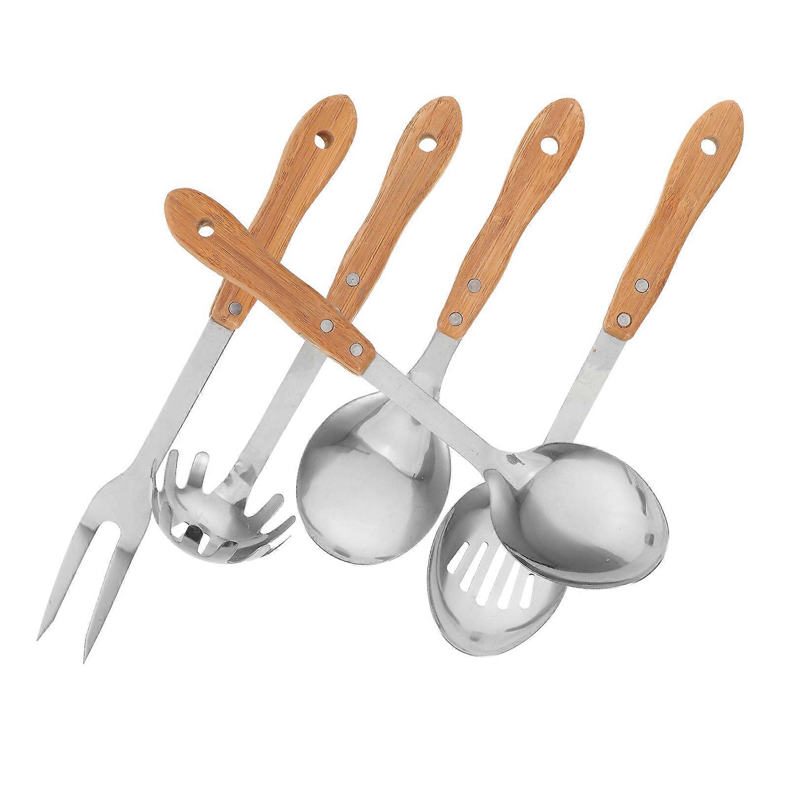 Comprehensive 5Pcs Kitchen Utensils Set Including Stainless Steel Spoons Forks With Bamboo Handles For Efficient Meal Preparation At Home And Outdoors