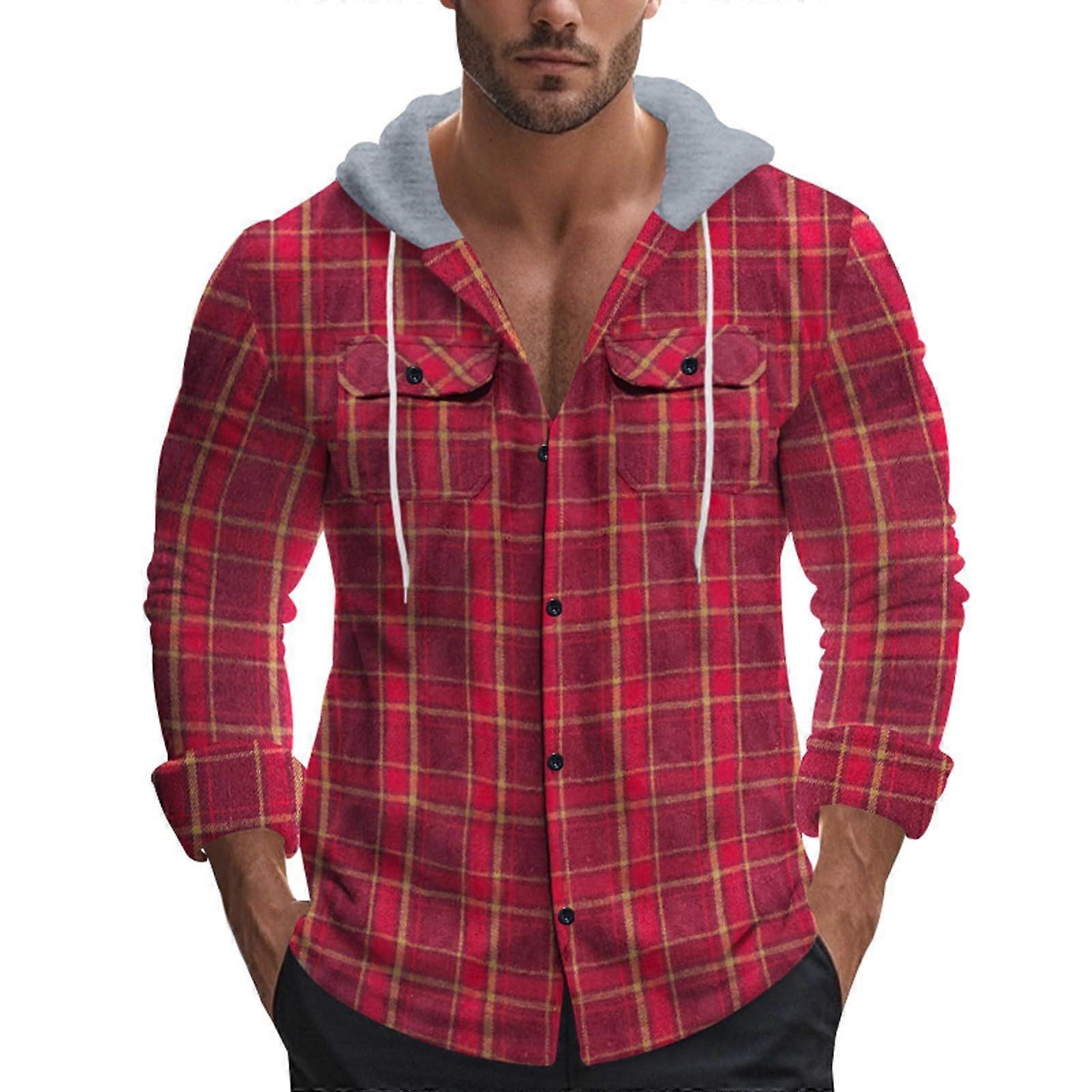 Men's Checked Long Sleeve Shirt with Hood, Two Chest Pockets, Linen Lumberjack Style, Red, Size XL