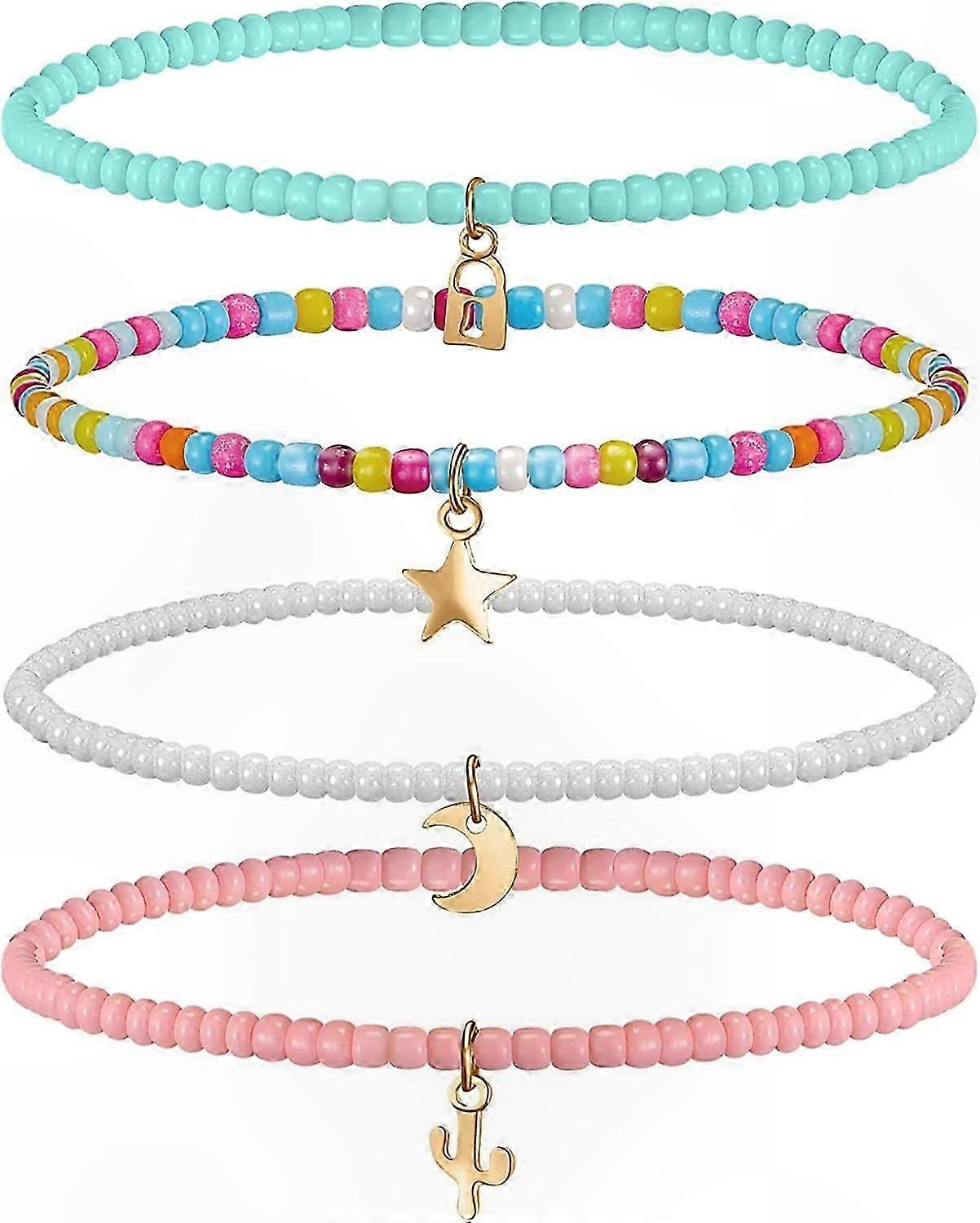 Colorful Beaded Anklet Set, 4 Pack Elastic Layered Bracelets for Women