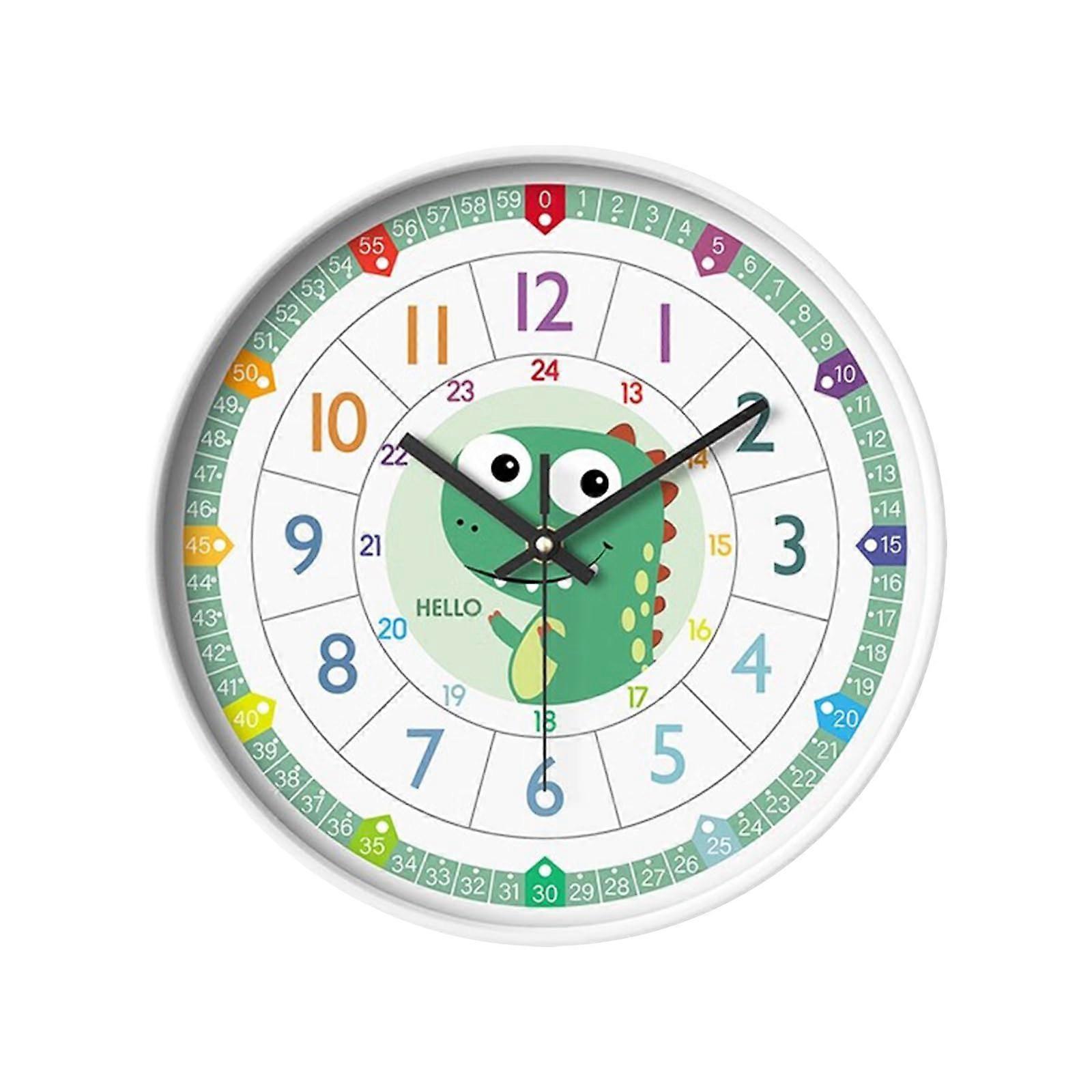 Children's Learning Wall Clock Colorful Dinosaur Model, White Frame, Educational Clock For Classroom, Playroom, Nursery