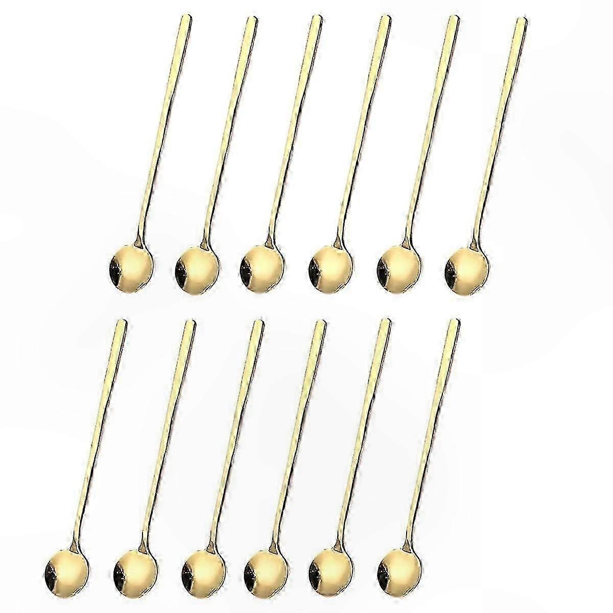 Gold-Plated Long Handle Coffee Spoons Set of 12 Rounded Stirring Tea Spoons for Beverages