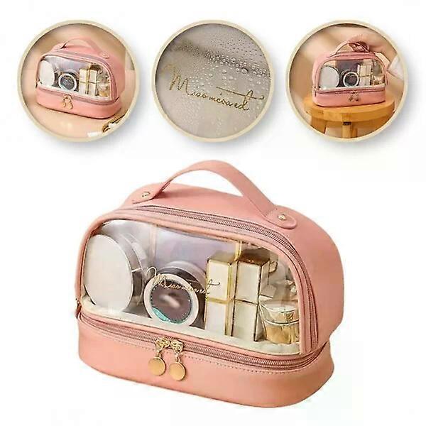 Pink, soft and large-capacity double-compartment makeup bag