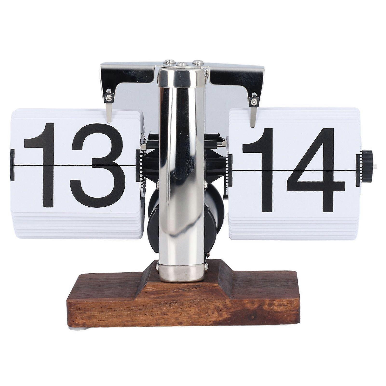 Flip Desk Clock Auto Retro Wood Base Easy to Read 24 Hours Mechanical Flip Clock for Living Room Study Room White