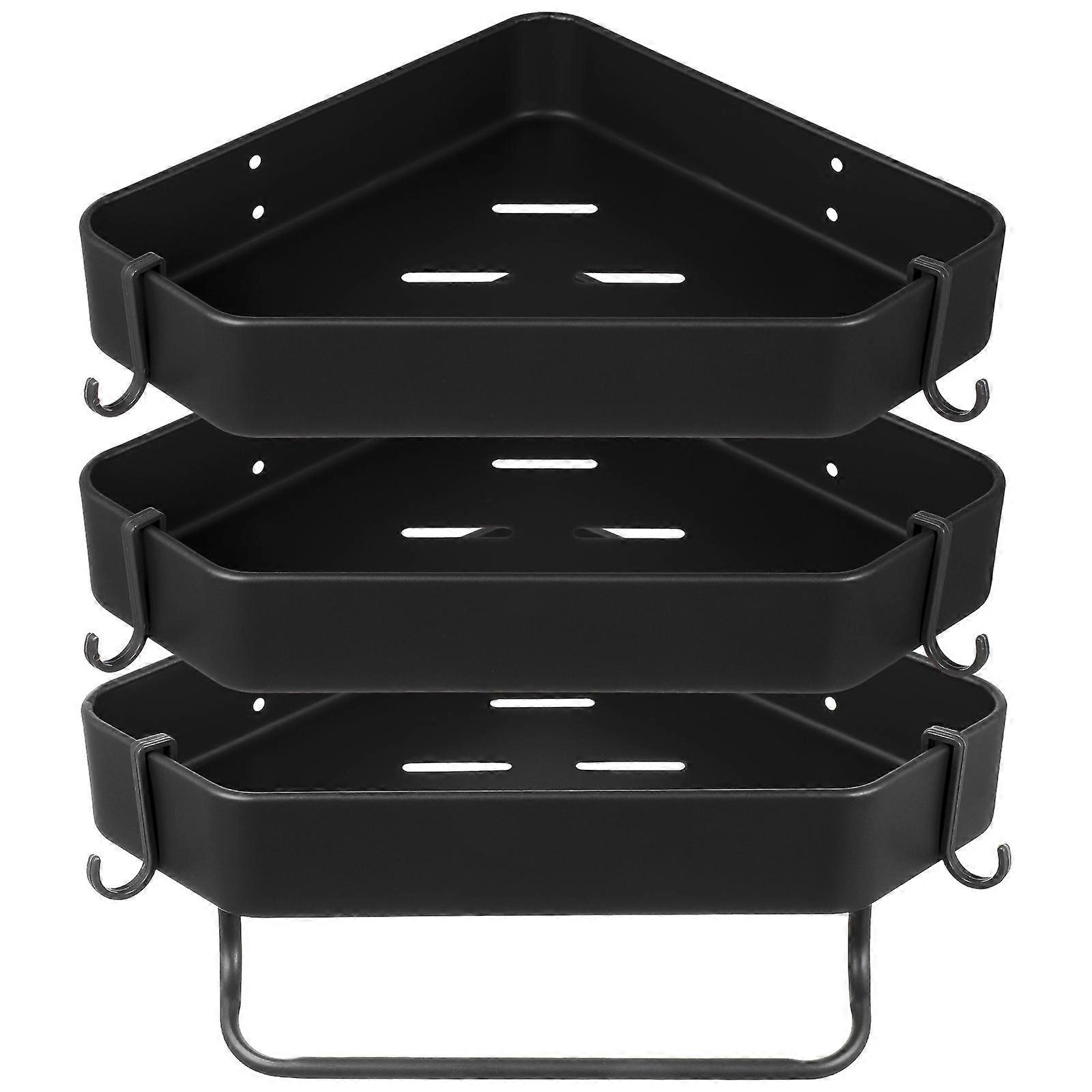 Black Bathroom Corner Shelf with Hooks Aluminum Alloy 1Set Organizer