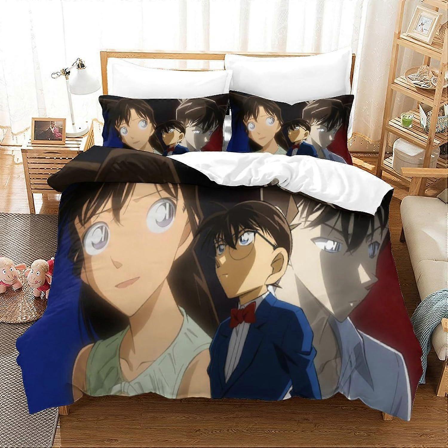 U635 3 Piece Detective Conan Comforter Set 3D Animation Printed Bedding Comforter Set with Zip Closure for Girls, Super Soft Microfibre Bedding Y635