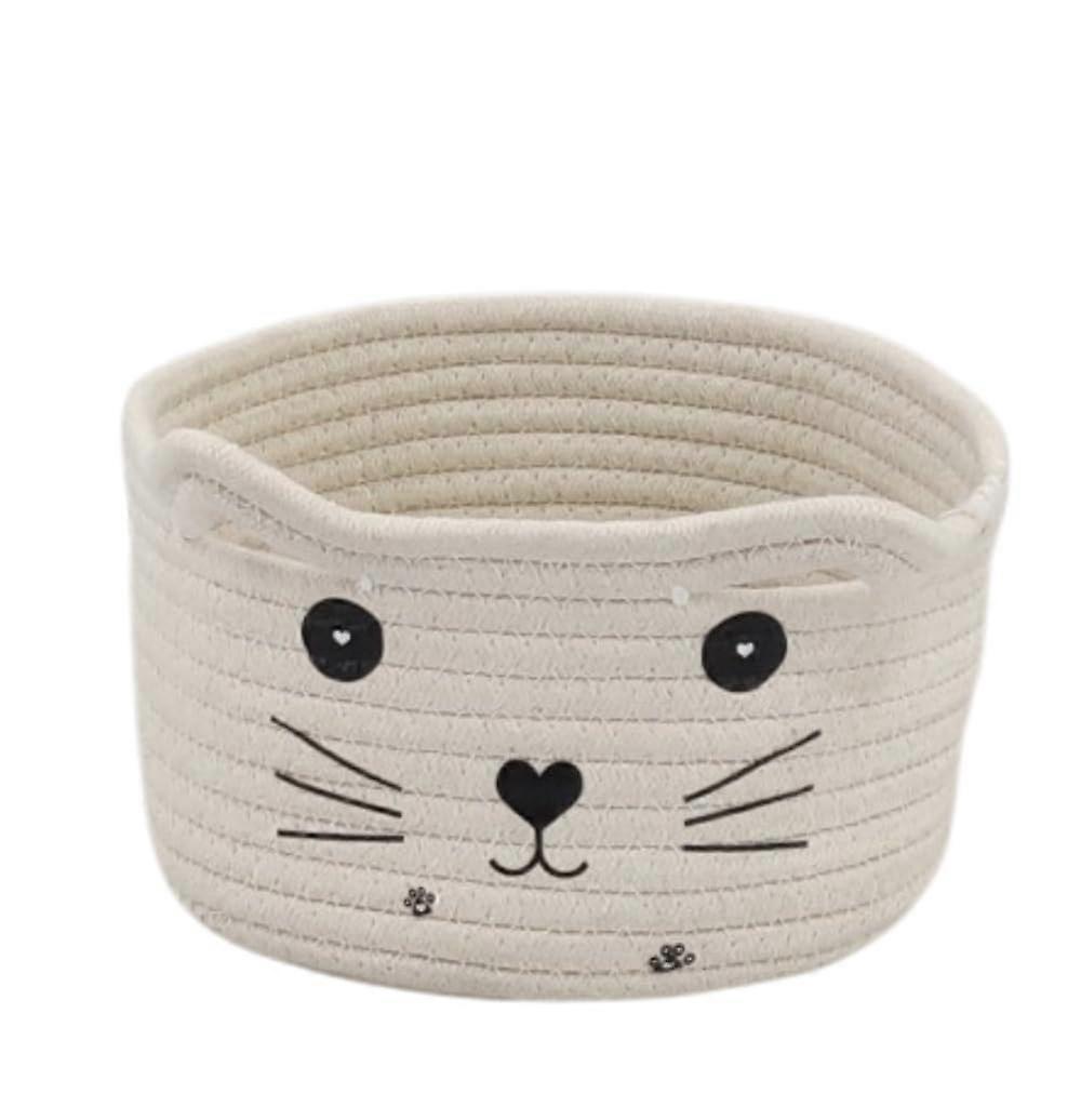 Cotton Fabric Storage Basket, Woven Laundry Basket for Toys, Towels, and Keys, White Cat Design, Medium Size