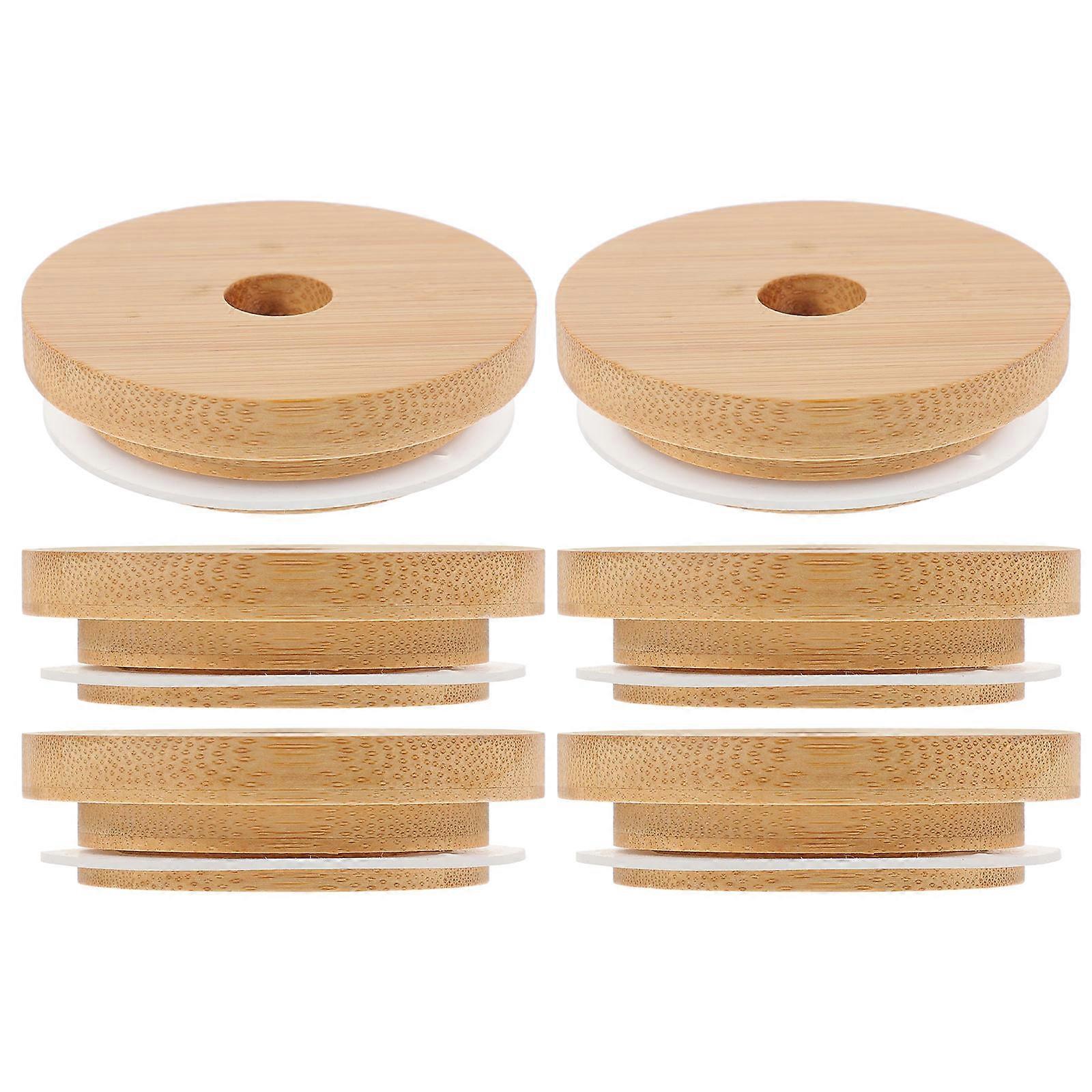 6Pcs Round Glass Jar Lids With Straw Hole For Restaurants Bars Picnics Family Gatherings In Wood Material