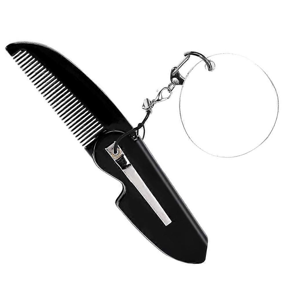 Men's Portable Folding Comb Keychain With Oval Mirror Travel Use Black Fine Tooth Design 1Pack