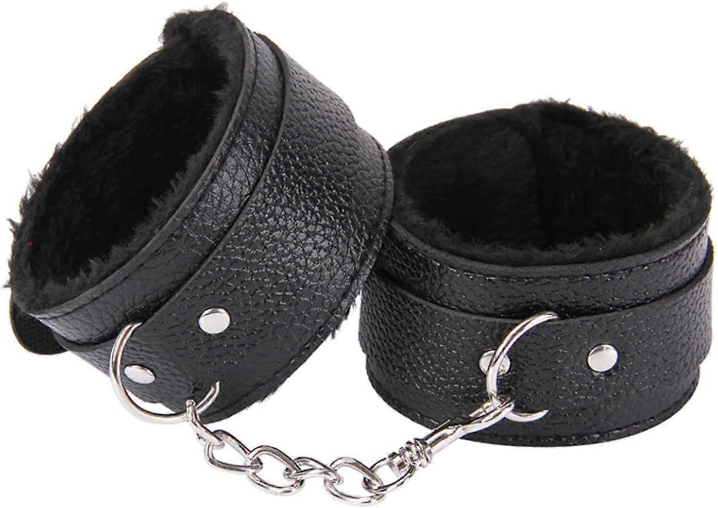 Black Fluffy Handcuffs For Ankles And Wrists With Chain Set, Fuzzy Handcuff Set For Adults, Bedroom Use, Women Couples