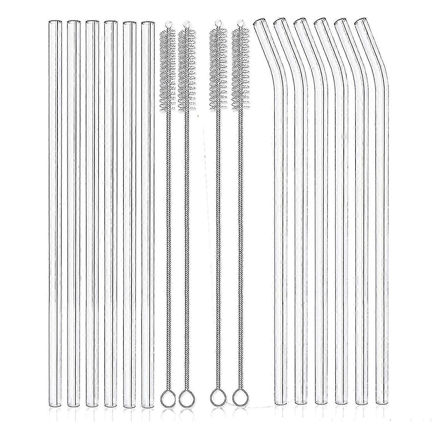 12 pajitas de vidrio transparente reutilizables, irrompibles, 6 rectas y 6 curvas con