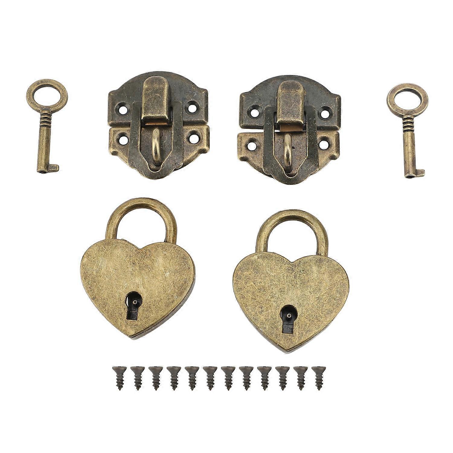 2 Sets Wooden Box Hasp Latch Padlock Set Antique Zinc Alloy Hasp Clasp Latch and Heart Shaped Padloc