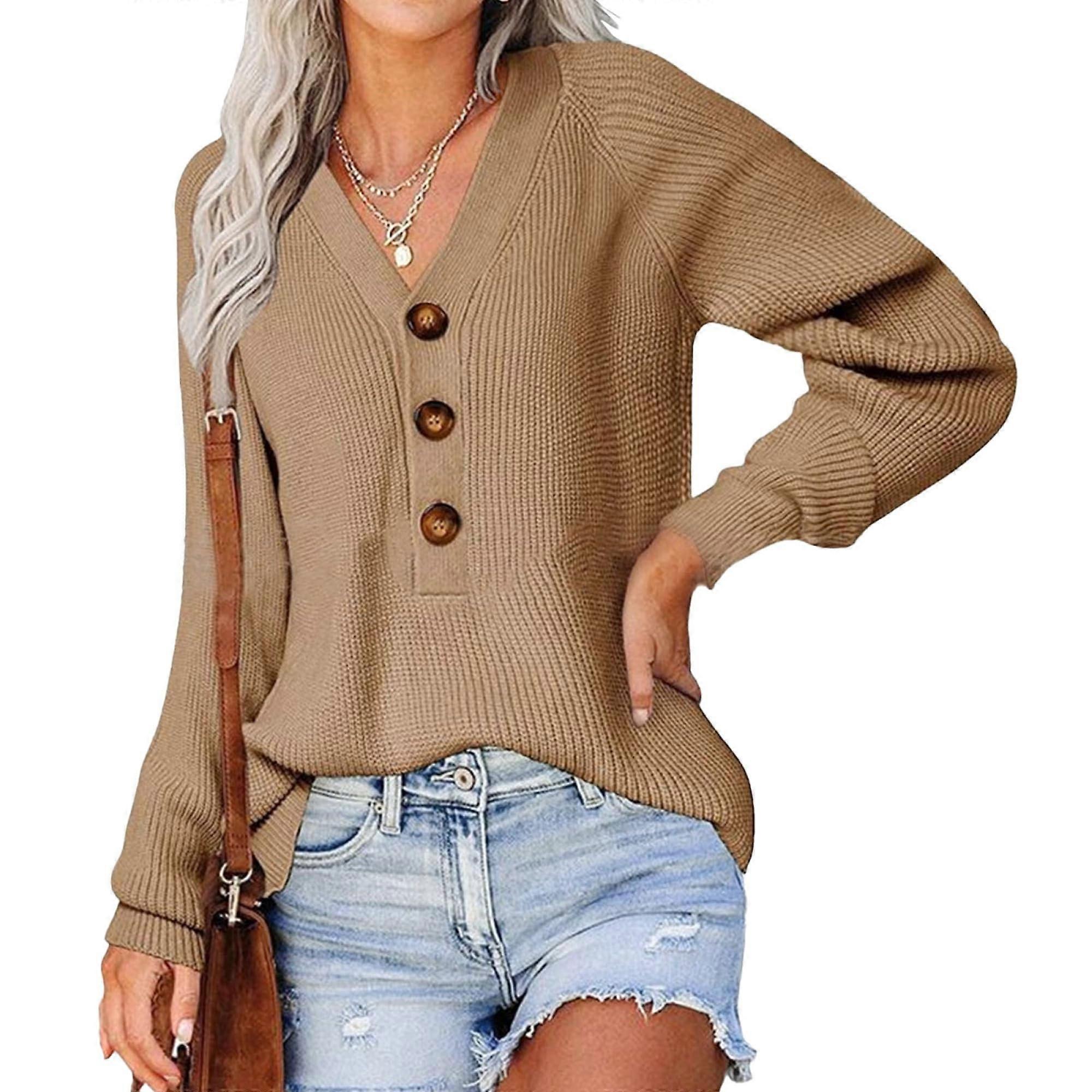 Pull femme à manches longues col V boutonné couleur unie maille côtelée coupe décontractée kaki tail