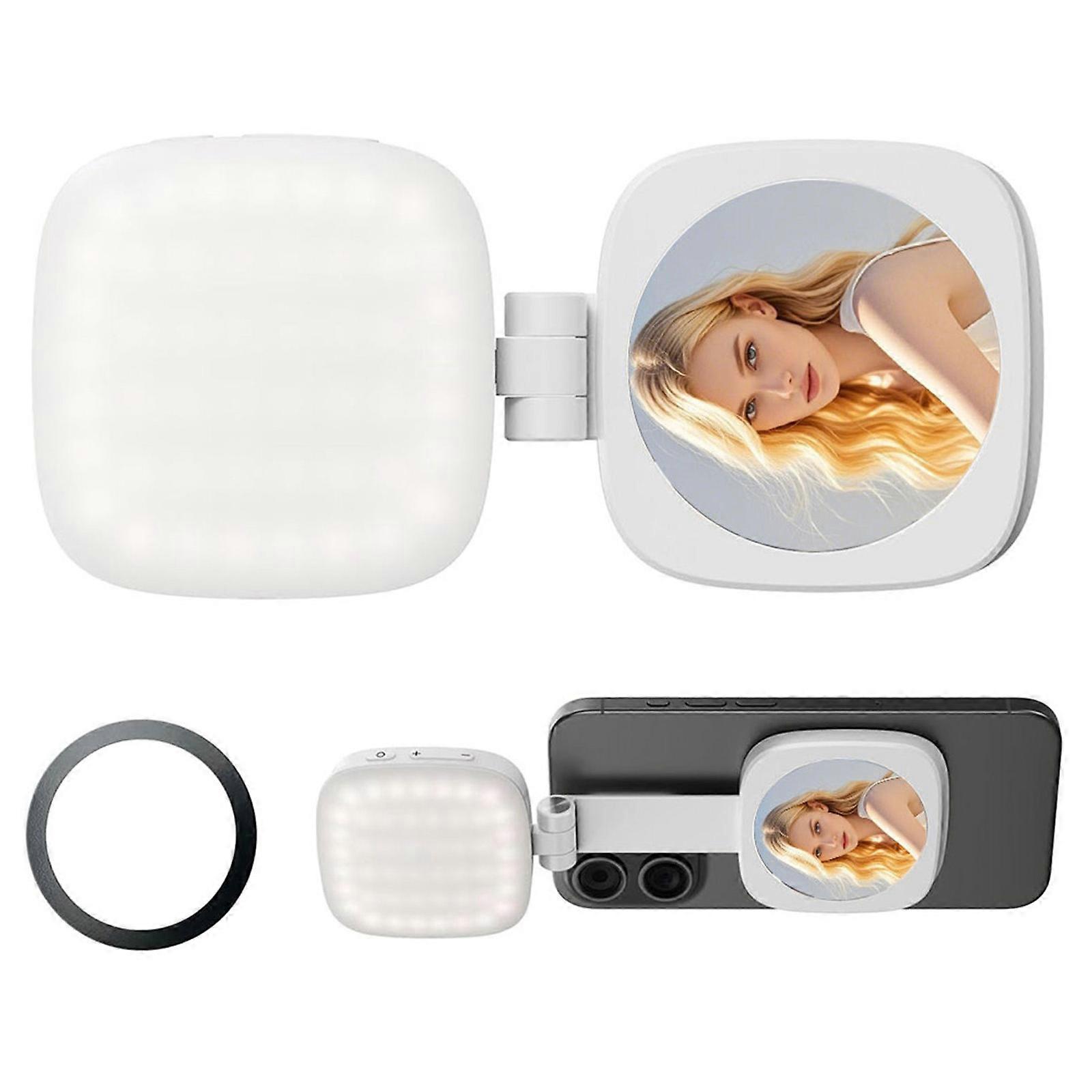 Foldable Phone LED Fill Light with Mirror 360 Degree Rotate Magnetic Selfie Light for Phone 16 15 14 5 Level Brightness  White