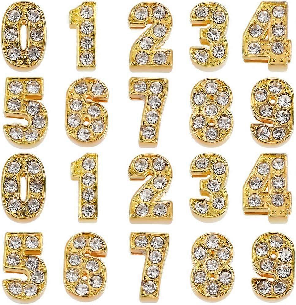 1 Box 50Pcs 10 Styles Rhinestone Slide Charms Gold Number Bead Bulk Metal Alloy Bling Art 3D Decor 0 to 9 Digital Numbers Slide Charm Bead for Jewelry