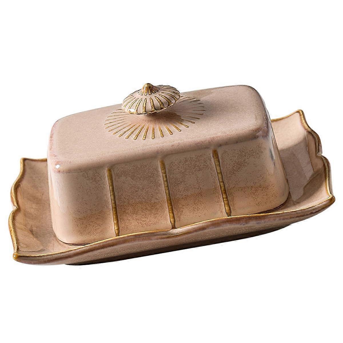 Vintage Ceramic Butter Dish with Lid  Rectangular Cheese Storage, Keeps Food Fresh, Khaki