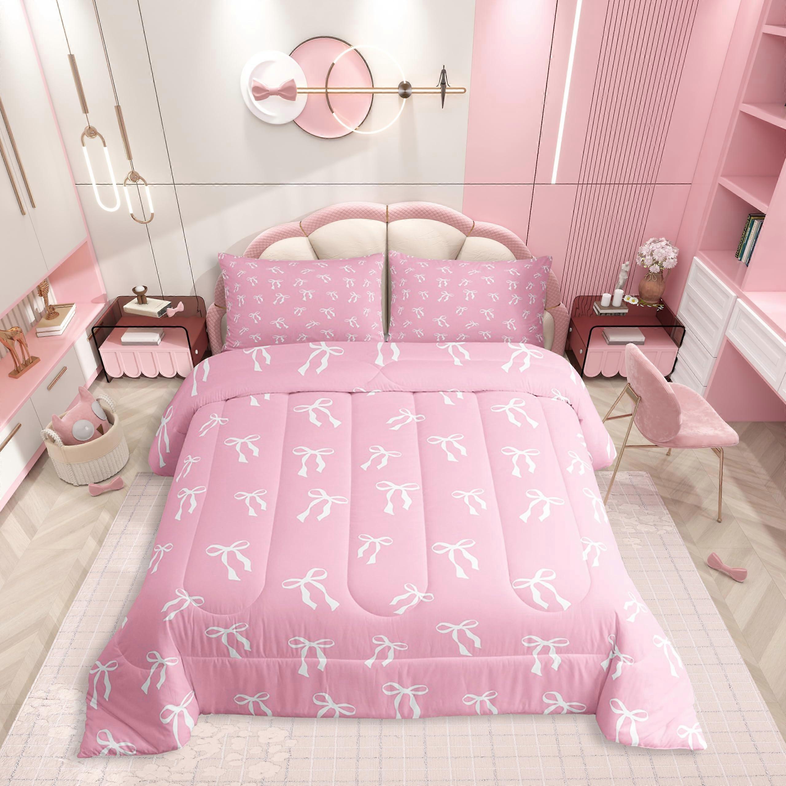 Bedding Set with Bow Knot Design White Pink Comforter and Duvet for Girls and Adults