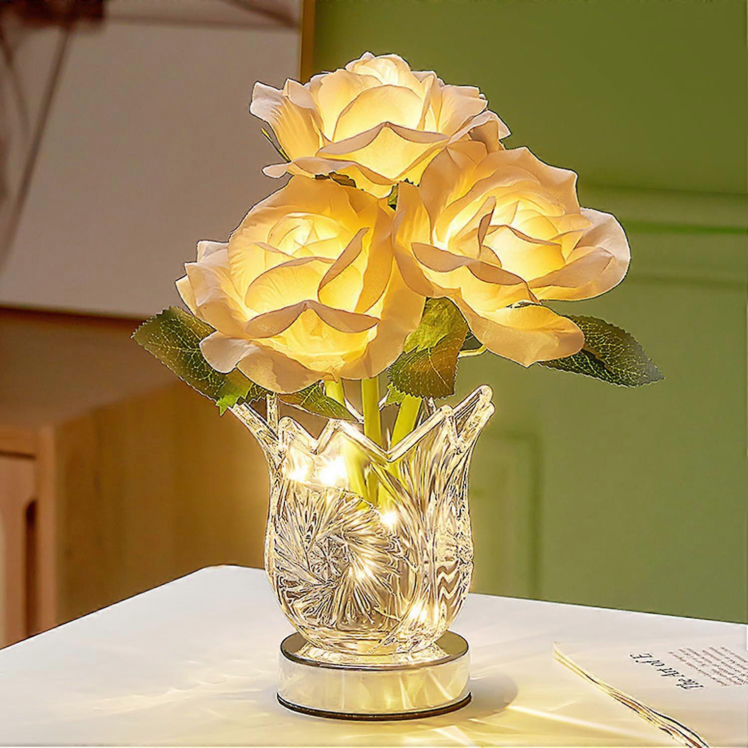 Crystal Table Lamp with Touch Control Dimming, Rechargeable Cordless Rose Flower Night Light